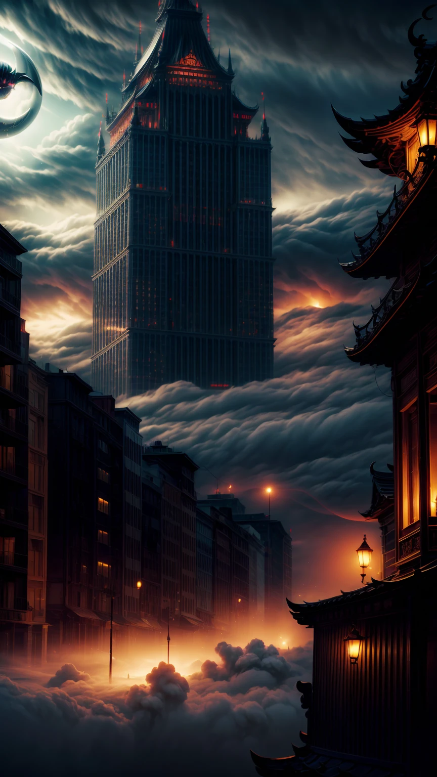 A city shrouded in mystical fog、Demons smile in the sky