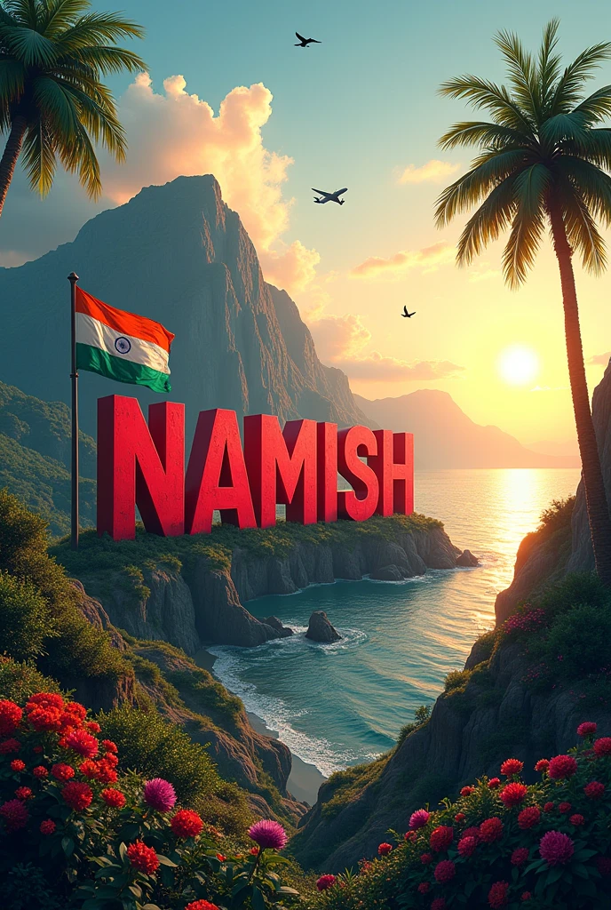 NAMISH big size in red colour WEITTEN ON MOUNTAIN WITH INDIAN NATIONAL FLAGE SUN RISING AND SEA WATER WITH FLOWERs and aeroplane and birds and both side coconut tree
