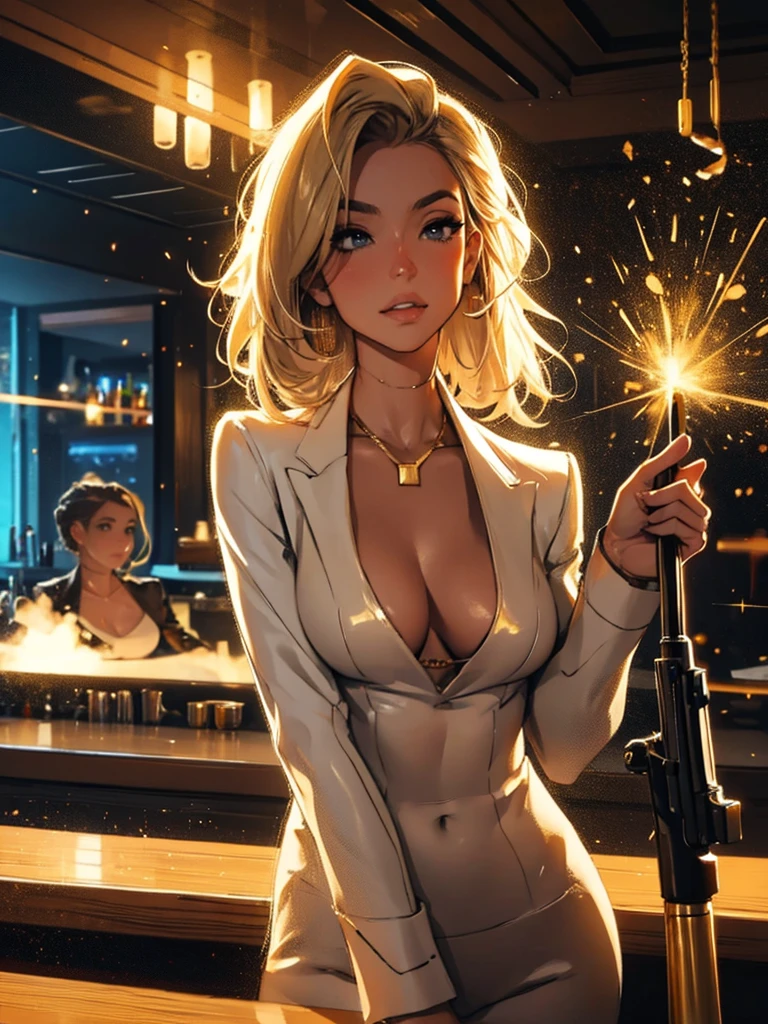 girl at a nightclub sitting at bar, eyeliner (masterpiece) (best quality) (detailed) (8k) (HDR) (wallpaper) (cinematic lighting) (sharp focus) (intricate) blonde hair, biting lip, medium hair, white and gold bodysuit outfit, sexy, blush, aroused, cleavage, shiny , wet skin, girl, dark makeup, (firing,bullet,gun,light particles), underboob, gold necklaces, handgun, holding gun, pointing gun