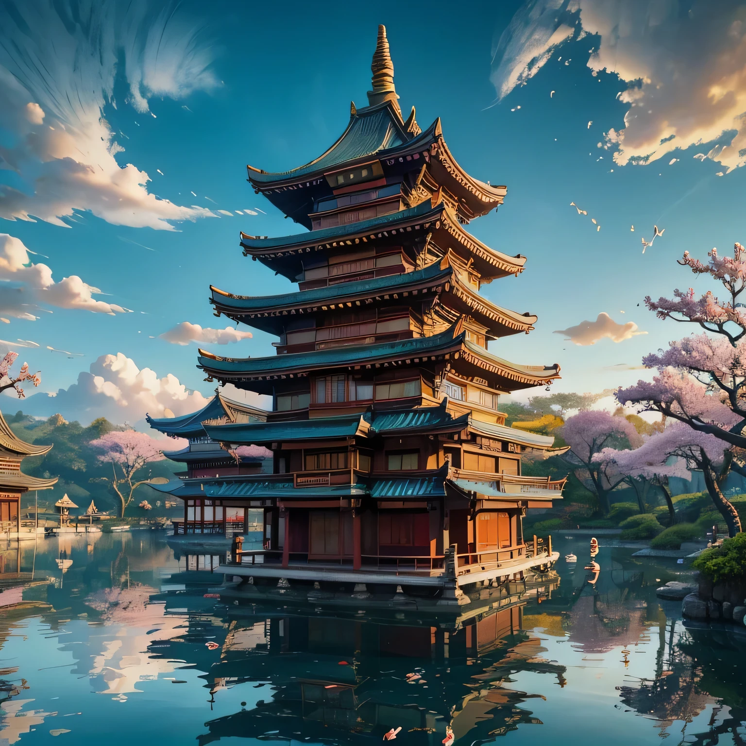 Floating city illustration, ancient Asian architectural style, pagodas, temples with curved roofs, ornate wooden buildings, reflections in water, glowing teal energy portals, flying koi fish, cherry blossom trees, clouds and blue sky
