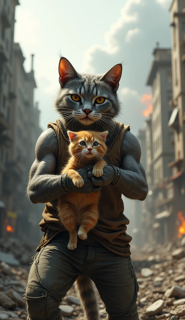 A photorealistic image of a muscular grey tabby cat with a torn, dirty, brown tank top holding a smaller orange tabby cat with tears in its eyes. The background is a destroyed city with fire and smoke in the distance. The image is in the style of a post-apocalyptic fantasy.