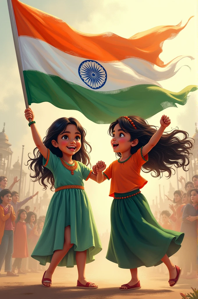 Two childgirl take indian flag in hand
