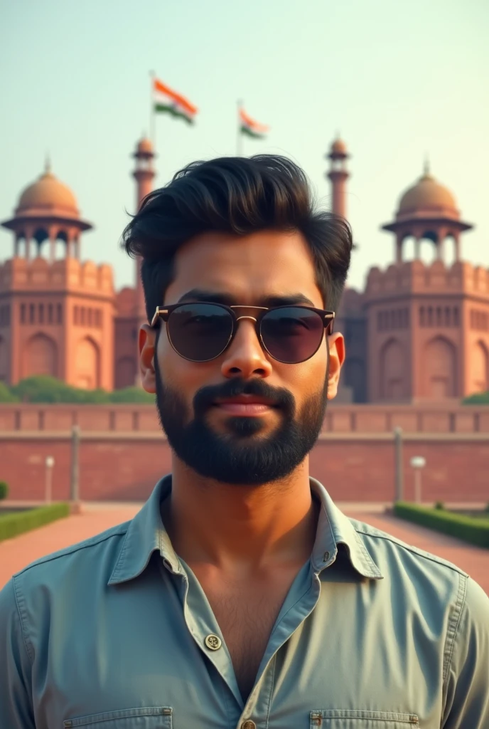 Indian 20 years old boy with beard & sunglasses noraml shart independence day background lal kila images