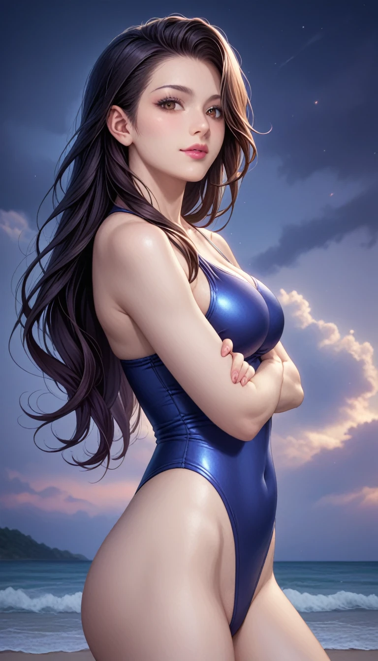 score_9, score_8_superior, score_7_superior, High-resolution CG illustration,A masterpiece in 32K resolution,Highest quality,it is really amazing,Very detailed,Ultra-high resolution,Ultra-realistic,Realistic,Increased depth of field,Cinematic lighting,
Sexy mature Japan woman,
Straight long hair with black hair,Ultra-detailed and beautiful face,Calm and gentle look,Beautiful brown eyes,Translucent white skin,Realistic skin texture,Great proportions,
Sexy high leg swimsuit,
Artistic design,Chic color scheme,Detailed fabric texture,
Dark overcast sky on a dull night,Dark clouds filling the sky,Thundercloud,Coastline at night,Stormy seas,delay々A desolate sandy beach that continues,
superior半身,Cinematic Angle,