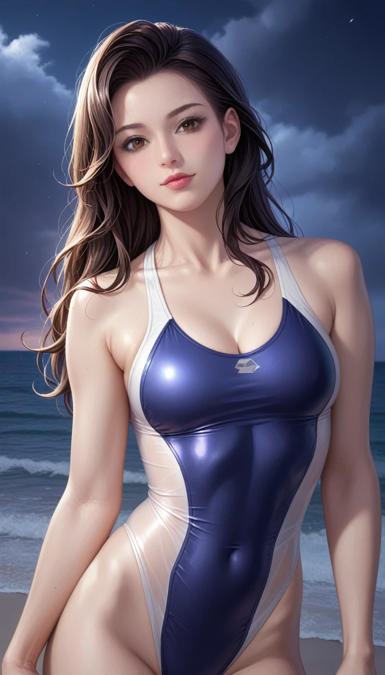 score_9, score_8_superior, score_7_superior, High-resolution CG illustration,A masterpiece in 32K resolution,Highest quality,it is really amazing,Very detailed,Ultra-high resolution,Ultra-realistic,Realistic,Increased depth of field,Cinematic lighting,
Sexy mature Japan woman,
Straight long hair with black hair,Ultra-detailed and beautiful face,Calm and gentle look,Beautiful brown eyes,Translucent white skin,Realistic skin texture,Great proportions,
Sexy high leg swimsuit,
Artistic design,Chic color scheme,Detailed fabric texture,
Dark overcast sky on a dull night,Dark clouds filling the sky,Thundercloud,Coastline at night,Stormy seas,delay々A desolate sandy beach that continues,
superior半身,Cinematic Angle,