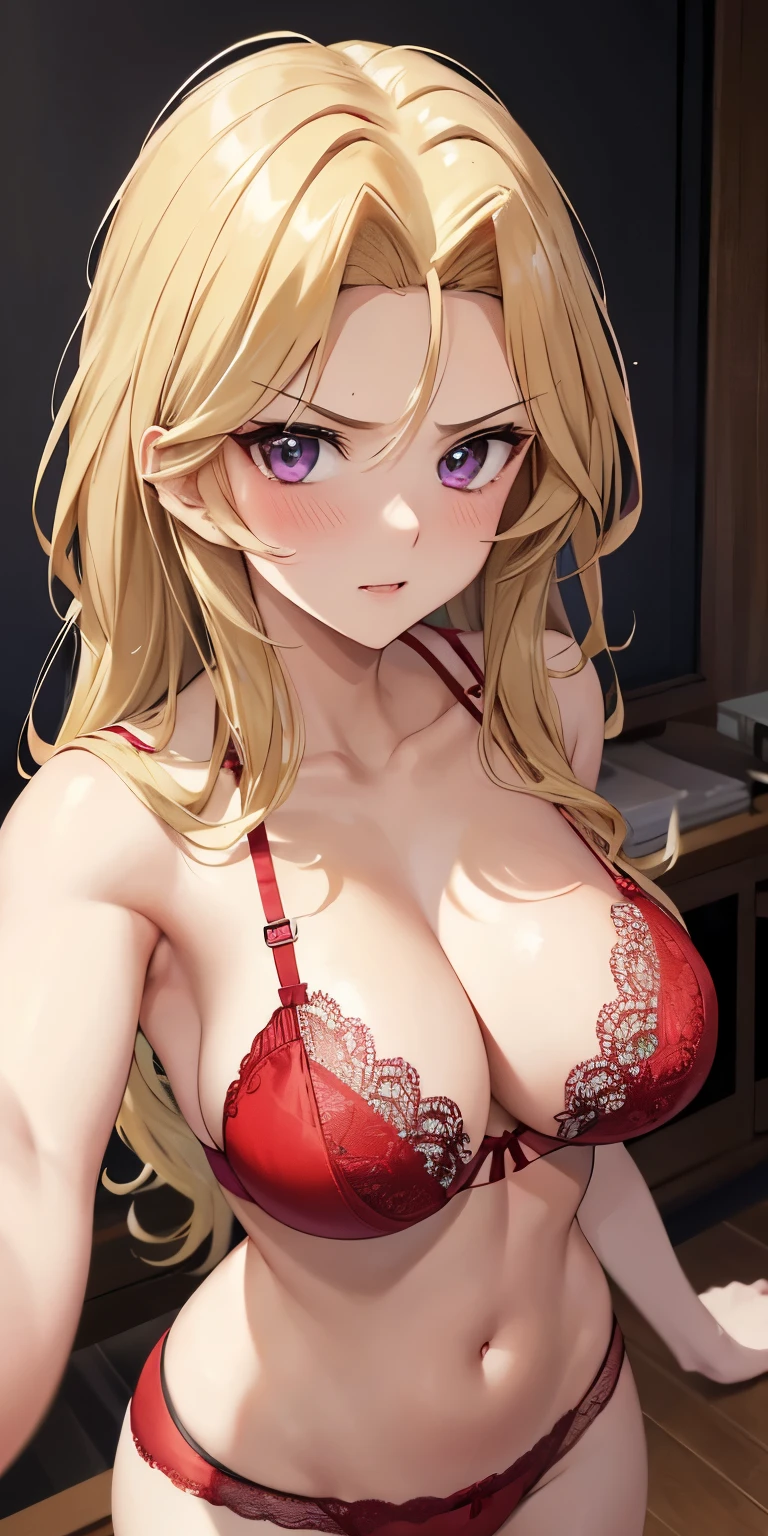 1 Female,High definition,high resolution,Ultra-realistic,8K,kujaku mai, blonde hair, purple eyes,long hair,angry,European,sexy,Upper body close-up,Photographed from the front,Dynamic Angles,private teacher,blush, huge tits, nipples ,show  ,(red lace bra),(red lace panties),(top view),(selfie)