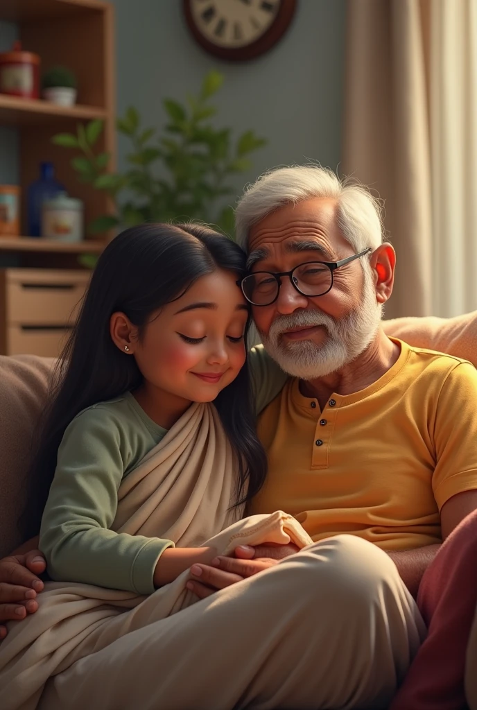 A Indian daughter and her father taking Ona couch