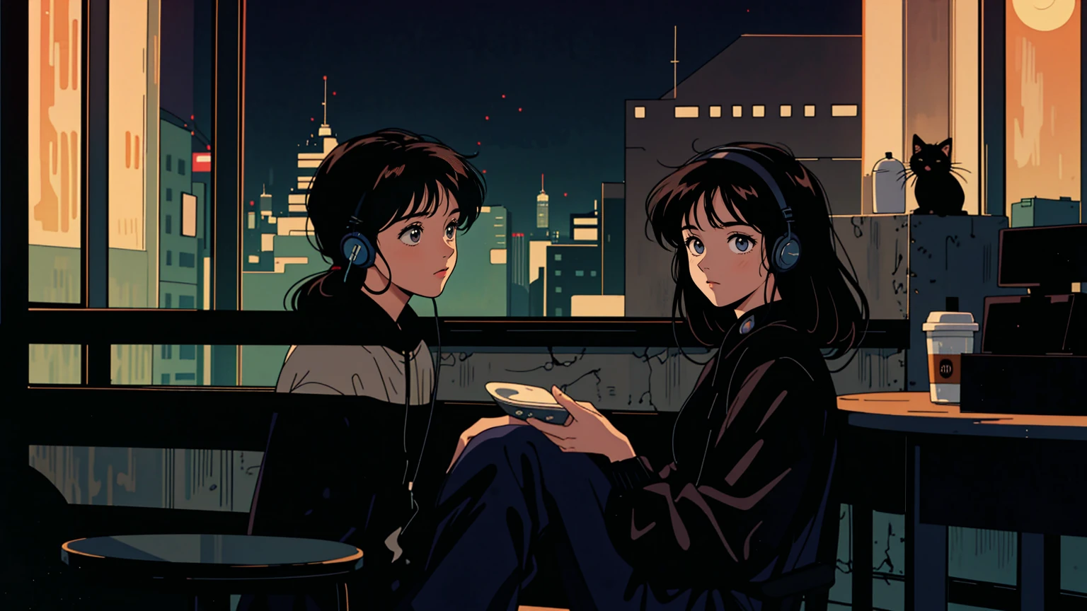 Highest quality, 8k, 1990s style,Hairstyles of the 2010s, 21 year old girl, Black Hair, Long Hair, Light brown eyes, City Pop, pants ,Night view, Wear headphones, whole body, Relax Coffee,table,making,look at me, Black cat, study