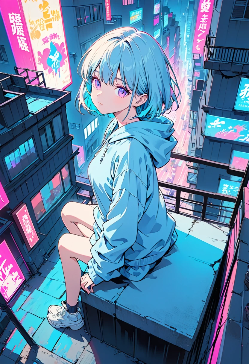 masterpiece,Highest quality,1 Synthwave style girl,Blue outline,Neon lit street,Blue fluorescent paint,alone,From above,Cowboy Shot,Sitting on the roof of a building,Highly detailed CG,Flat Color,Limited edition palette,No Line Art,silhouette,Partially colored,Alternative color,Dynamic Angle,Blue long top champagne,Purple Shadow,Synthwave,chromatic aberration,(alone focus),Perfect Shadow,Wearing a light blue hoodie,Delicate face,,Beautiful and delicate eyes,Light blue hair,Short Bob Hair,Delicate background,Blue Neon Light,Around 15 years old,About 150 tall