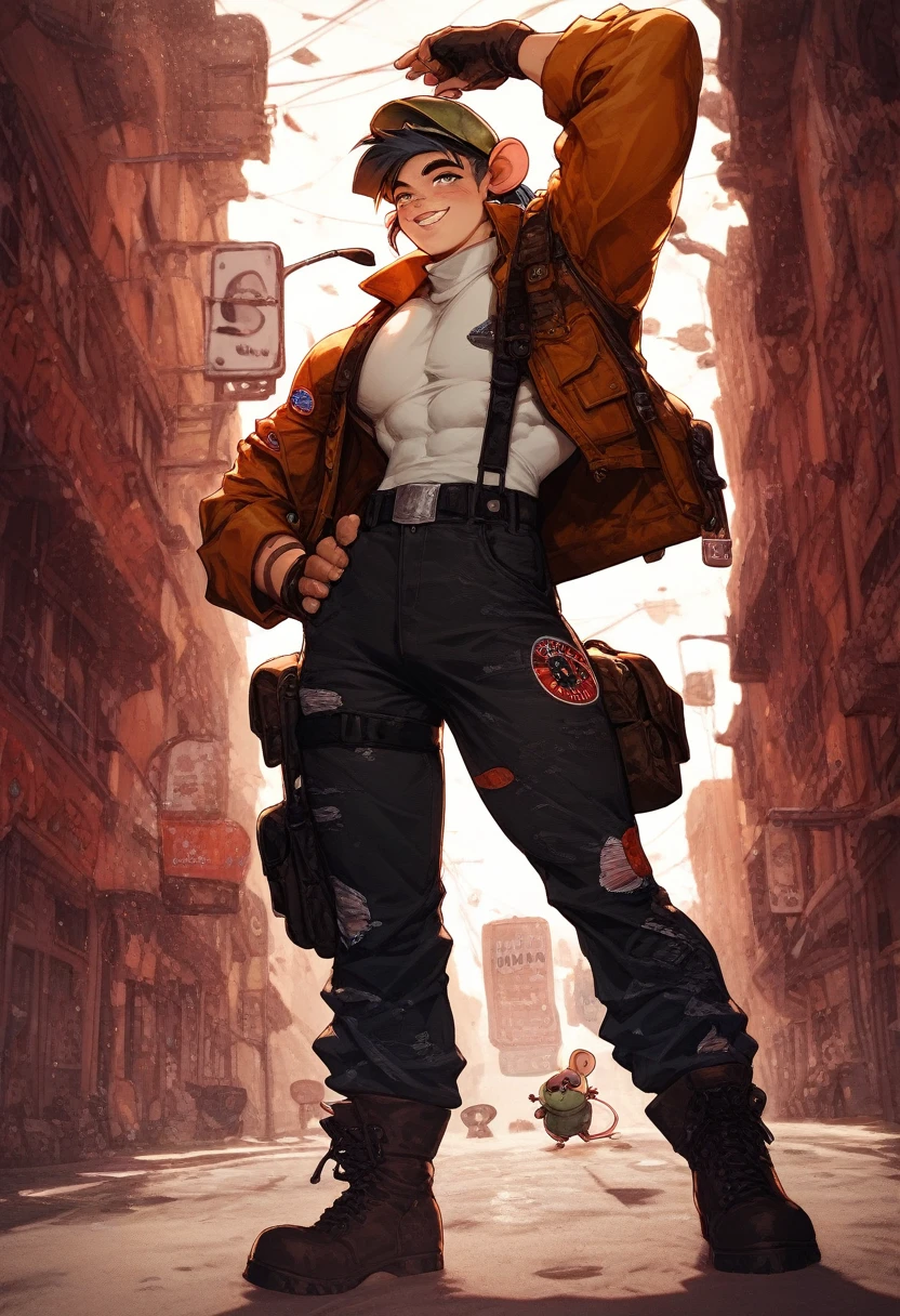 a anthropomorphic furry white mouse,mice buff,muscular man wearing a biker outfit,scars,Biker mice from mars,veteran,Vinnie,thick,young ,90’s style. He’s androgynous,spiky hair,equipped with some firearms weapons and a sensual ,cool expression,full body.The scene has a cool,sweet,sexual,Metal Slug style and a vibrant tone.industrial setting in the background