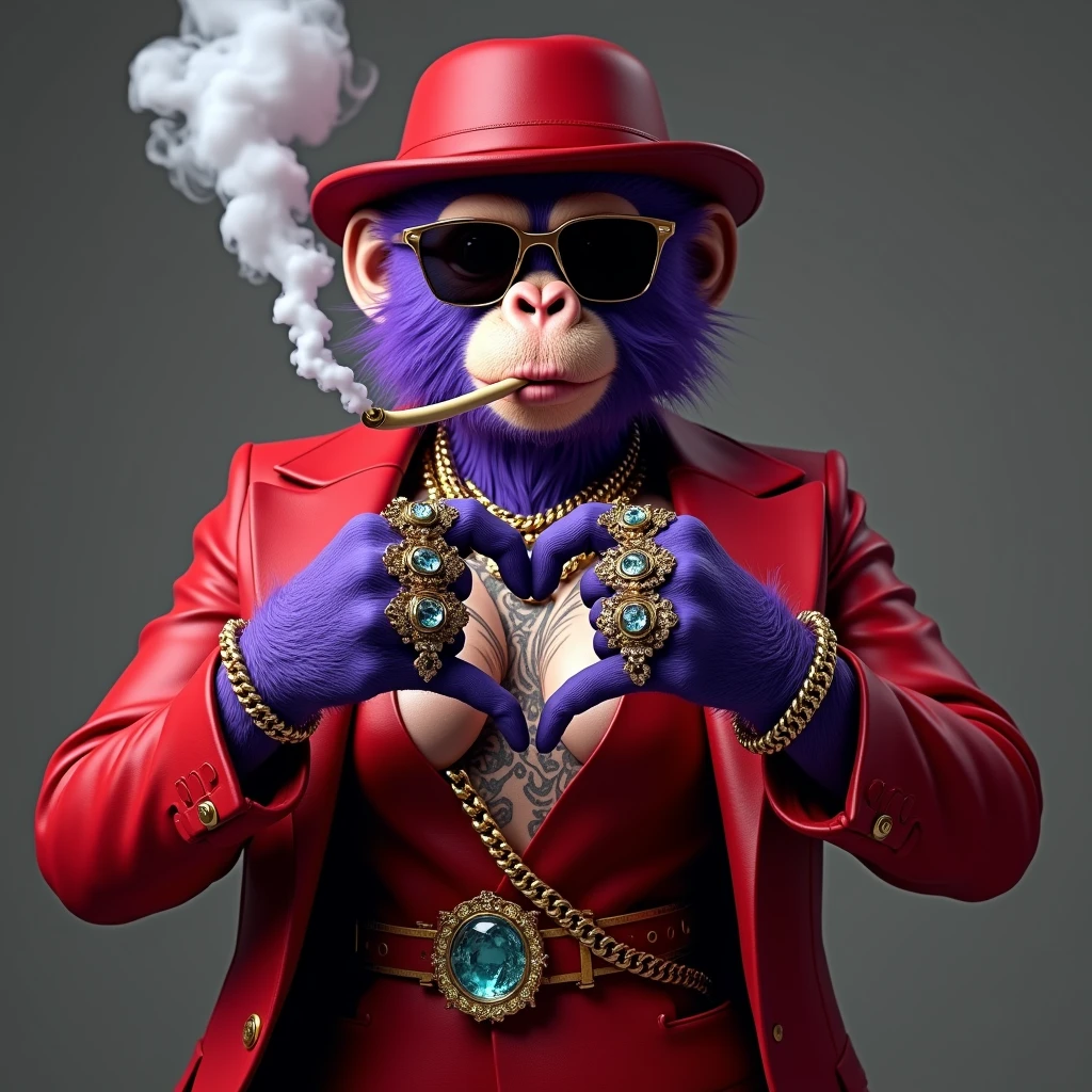 1 purple female monkey, With giant and high-caliber weapons, with a red gangster suit with chains, hat and glasses, tattooed, with huge diamond and gold rings, smoking with a pipe, making a heart with both hands
