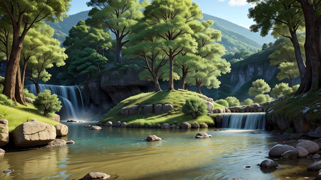 Mysterious natural beauty. River. Mountain. Lake, ancient village, vegetation. Real photo. High definition. 8k