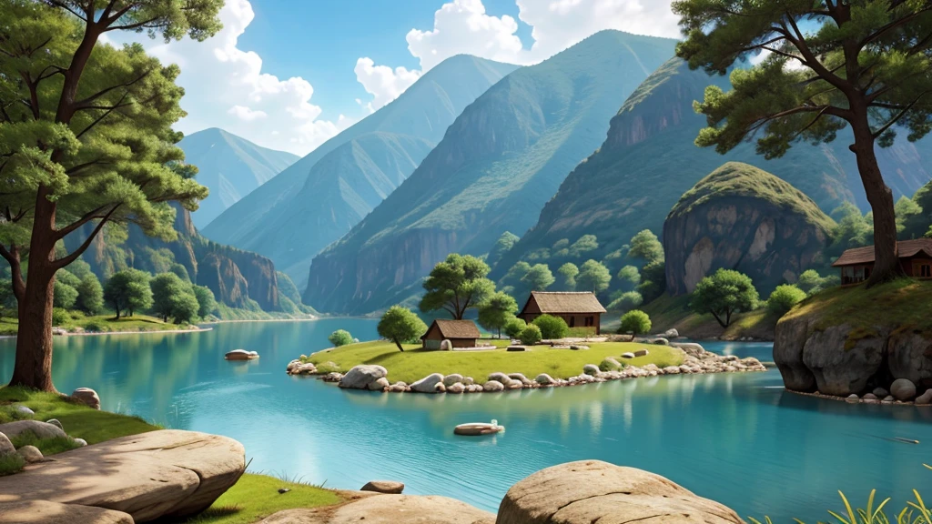 Mysterious natural beauty. River. Mountain. Lake, ancient village, vegetation. Real photo. High definition. 8k