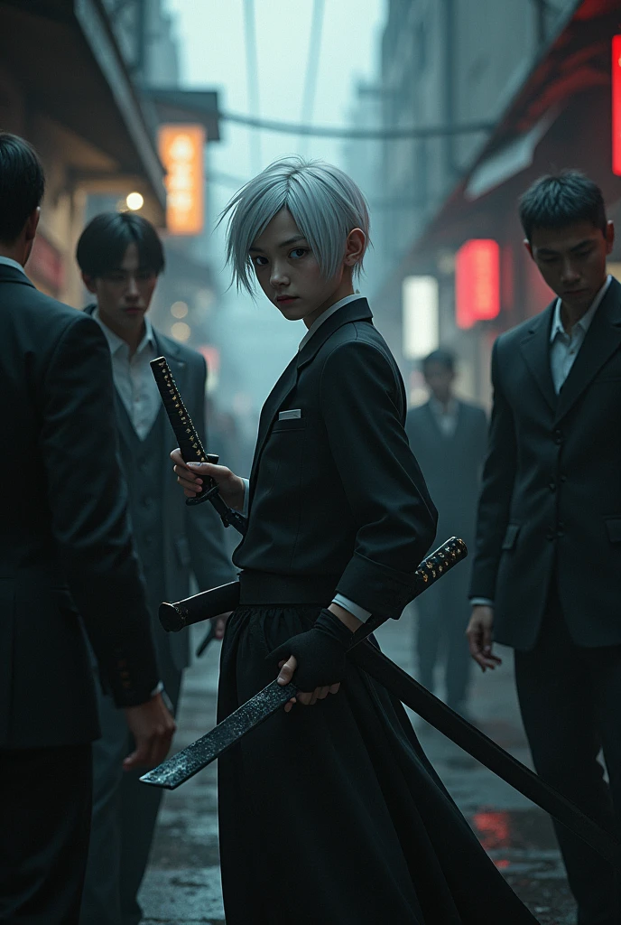 Have a white-haired boy wielding his katana against multiple Yakuza adversaries.