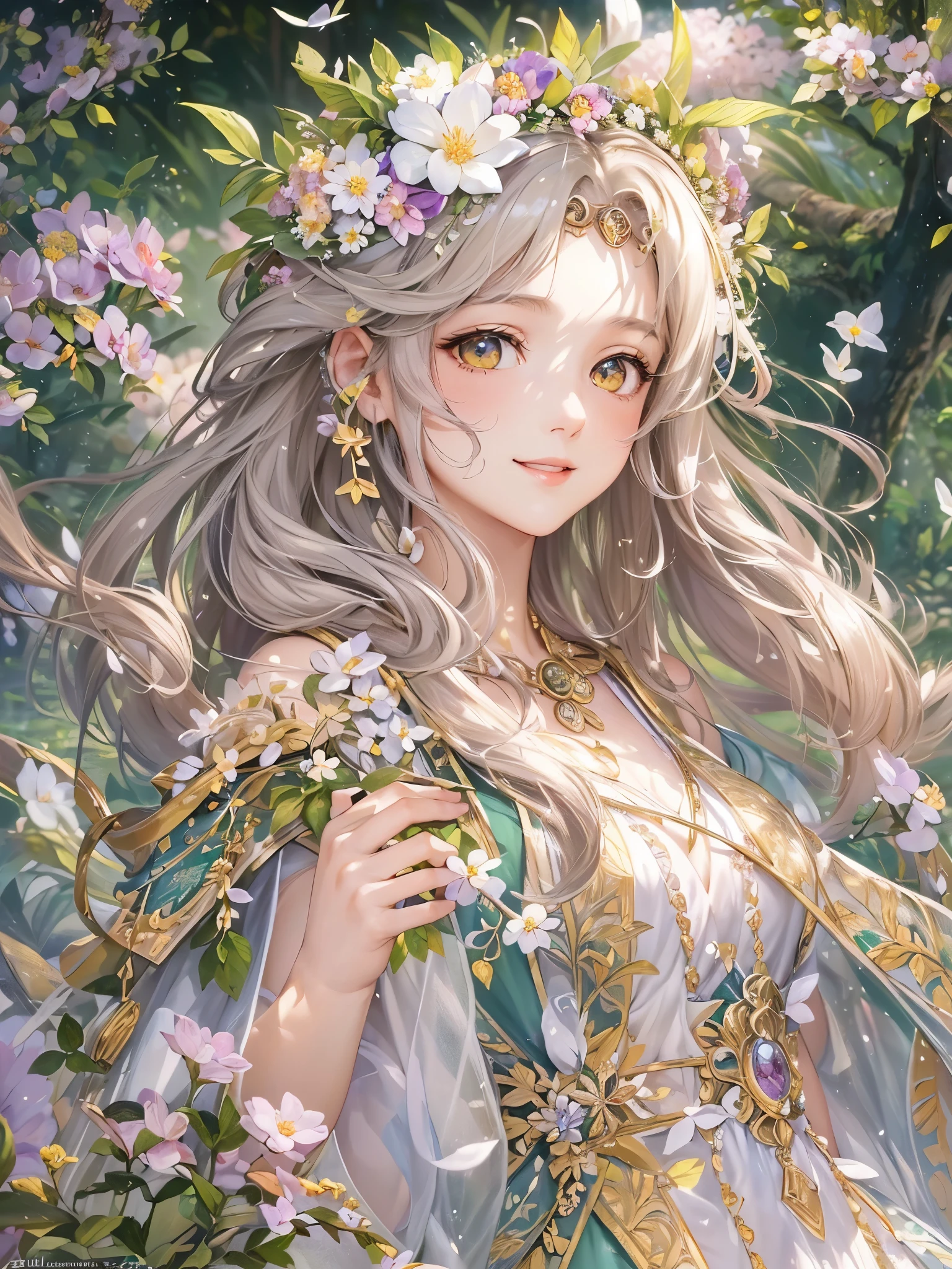 ((Highest quality)),(Ultra-high resolution),(Super detailed),(Detailed Description),((The best CG)),(masterpiece),Highly detailed art,(Art with precise detail:1.5), (A gentle smile:1.3),(Flower crown:1.3), Gorgeous flowers, Light, 常spring, spring:1.2, Fresh breeze:1.6,