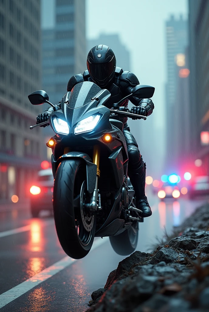 A detailed, armored hero in a dark city, chased by police officers, Kamen rider Ichigo,man riding motorcycle,Honda ex5 bike,extremely fast motion blur,jumping off cliff,cinematic dramatic lighting,detailed mechanical parts,intense action scene,dynamic high-speed pose,extreme close-up,photorealistic,8k resolution,highly detailed
 action scene, dramatic lighting, photorealistic, 8k, best quality, ultra-detailed, cinematic, dark moody atmosphere, striking poses, intense colors, dramatic shadows, rain or dark clouds, red and blue sirens, detailed textures, intricate mech design, mechanical components, glowing details, complex machinery, high-tech elements