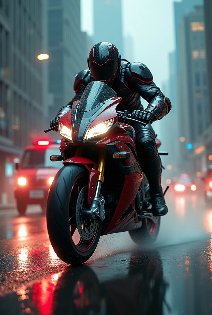 A detailed, armored hero in a dark city, chased by police officers, Kamen rider Ichigo,man riding motorcycle,Honda ex5 bike,extremely fast motion blur,jumping off cliff,cinematic dramatic lighting,detailed mechanical parts,intense action scene,dynamic high-speed pose,extreme close-up,photorealistic,8k resolution,highly detailed
action scene, dramatic lighting, photorealistic, 8k, best quality, ultra-detailed, cinematic, dark moody atmosphere, striking poses, intense colors, dramatic shadows, rain or dark clouds, red and blue sirens, detailed textures, intricate mech design, mechanical components, glowing details, complex machinery, high-tech elements