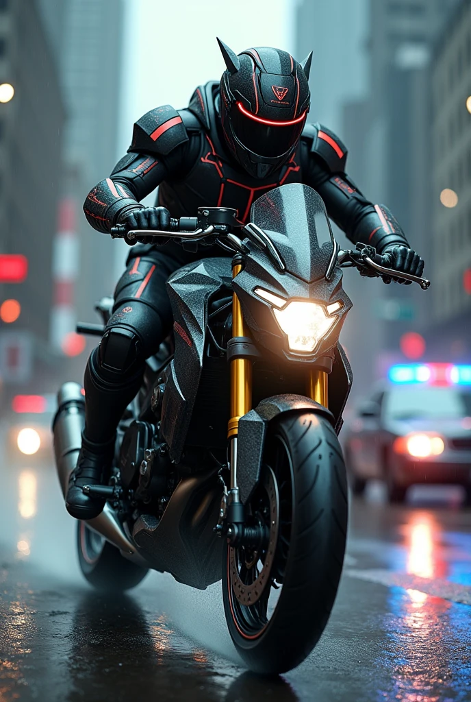 A detailed, armored hero in a dark city, chased by police officers, Kamen rider Ichigo,man riding motorcycle,Honda ex5 bike,extremely fast motion blur,jumping off cliff,cinematic dramatic lighting,detailed mechanical parts,intense action scene,dynamic high-speed pose,extreme close-up,photorealistic,8k resolution,highly detailed
 action scene, dramatic lighting, photorealistic, 8k, best quality, ultra-detailed, cinematic, dark moody atmosphere, striking poses, intense colors, dramatic shadows, rain or dark clouds, red and blue sirens, detailed textures, intricate mech design, mechanical components, glowing details, complex machinery, high-tech elements