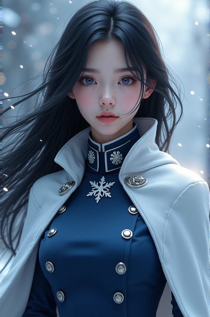 Девушка с черными hair, light blue eyes, hair, covering the forehead, Very beautiful and cute, a little shy, dressed in a blue military suit with a snowflake sign in the middle of the suit. White cloak.