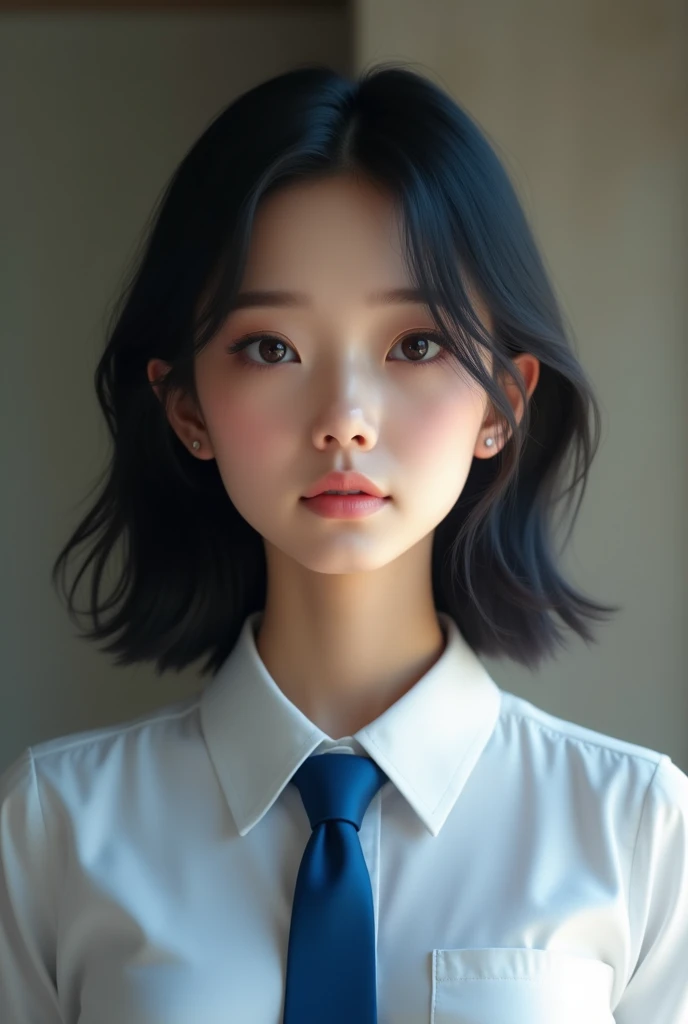 Realistic photo,There is a woman wearing a blue tie and a blue shirt., Chiho, My motto is Teshirogi, Yoshitomo Nara, Ishida Sui with black hair, Portrait of Mayuri Shiina,Detailed face and body, Natural light, High resolution, photoRealistic, (Highest quality,8k,High resolution,masterpiece:1.2),Very detailed,(Realistic,photoRealistic,photo-Realistic:1.37),Realistic skin texture,Fine eyes and lips,Beautifully detailed face,Long eyelashes,Smooth Skin