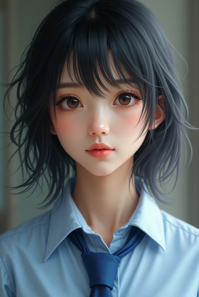 Realistic photo,There is a woman wearing a blue tie and a blue shirt., Chiho, My motto is Teshirogi, Yoshitomo Nara, Ishida Sui with black hair, Portrait of Mayuri Shiina,Detailed face and body, Natural light, High resolution, photoRealistic, (Highest quality,8k,High resolution,masterpiece:1.2),Very detailed,(Realistic,photoRealistic,photo-Realistic:1.37),Realistic skin texture,Fine eyes and lips,Beautifully detailed face,Long eyelashes,Smooth Skin