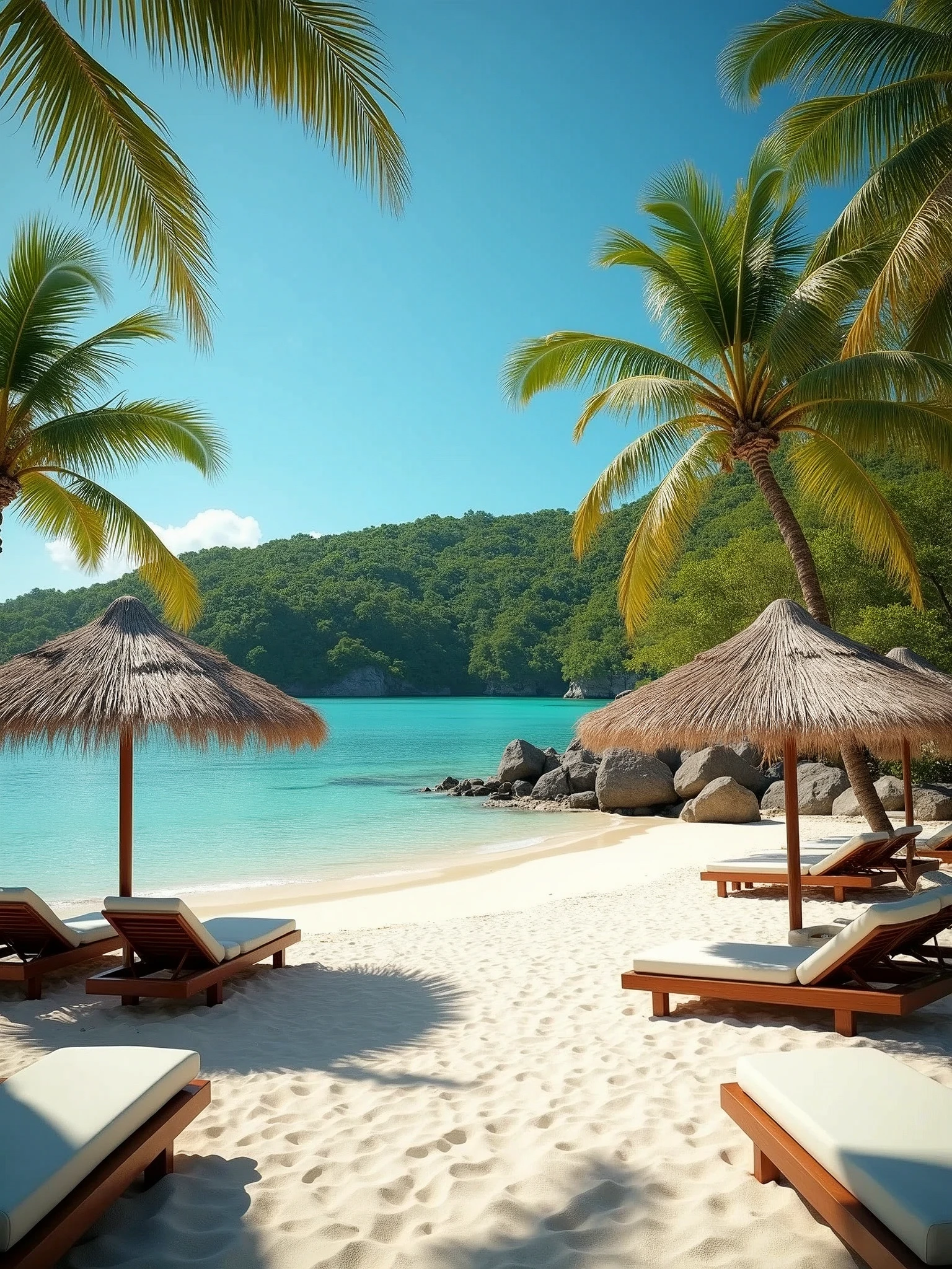 Caribbean beach with straw umbrellas and beach loungers. In the background a pine forest