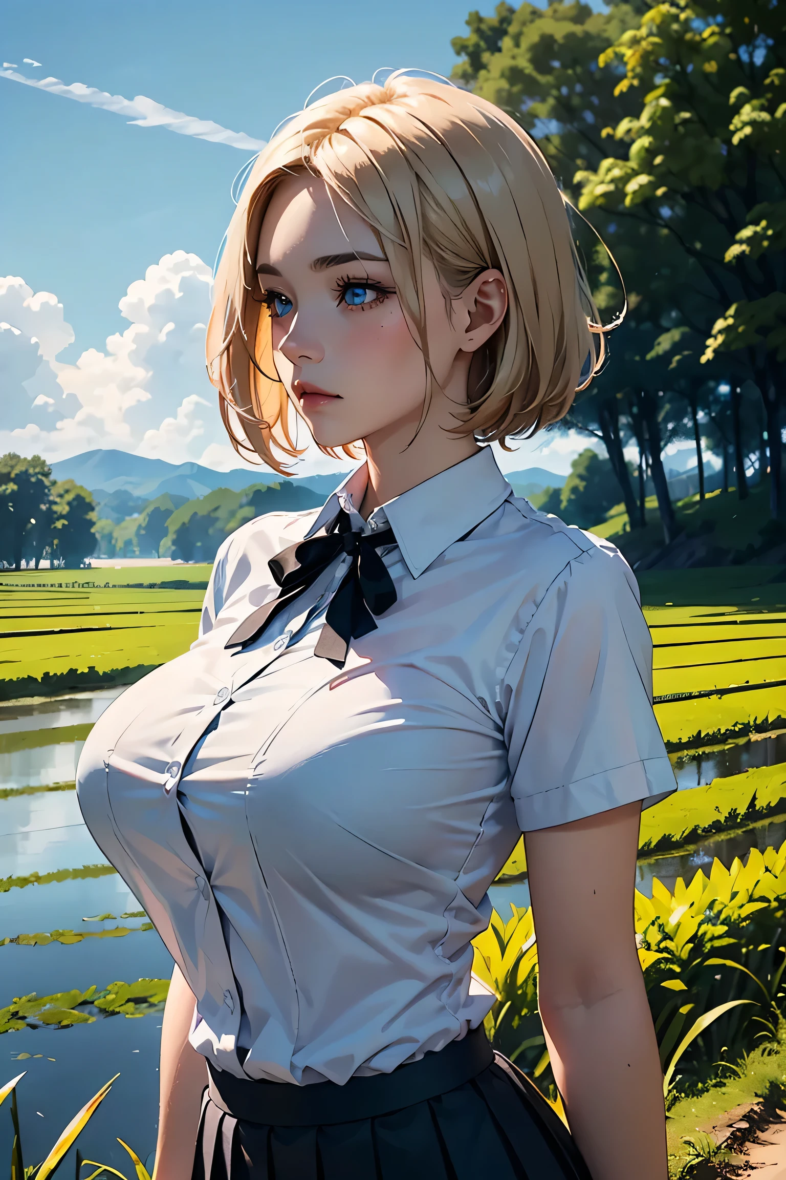 (masterpiece:1.2, Highest quality), (Realistic photos), Beautiful illustrations, (Natural side lighting, Cinema lighting),(1 person), Japanese, 20-year-old female, Perfect Face, Symmetrical cute face, Glowing Skin,Blonde Short Hair、Dark blue eyes, (Huge breasts:1.2), Slender build、Beautiful Hair, Beautiful Face, Fine and beautiful eyes, Beautiful body, Beautiful breasts,(White collared shirt、Small black ribbon、Pleated skirt)、Sad expression、Blushing、stand、profile、Country Road、Paddy field、blue sky、White cloud、Summer landscape、whole body