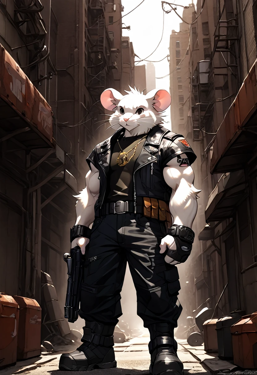 a anthropomorphic furry white mouse,mice buff,muscular man wearing a biker outfit,scars,Biker mice from mars,veteran,Vinnie,thick,young ,90’s style. He’s androgynous,spiky hair,equipped with some firearms weapons and a sensual ,cool expression,full body.The scene has a cool,sweet,sexual,Metal Slug style and a vibrant tone.industrial setting in the background