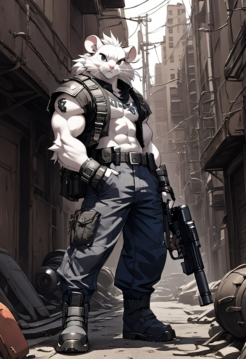 a anthropomorphic furry white mouse,mice buff,muscular man wearing a biker outfit,scars,Biker mice from mars,veteran,Vinnie,thick,young ,90’s style. He’s androgynous,spiky hair,equipped with some firearms weapons and a sensual ,cool expression,full body.The scene has a cool,sweet,sexual,Metal Slug style and a vibrant tone.industrial setting in the background