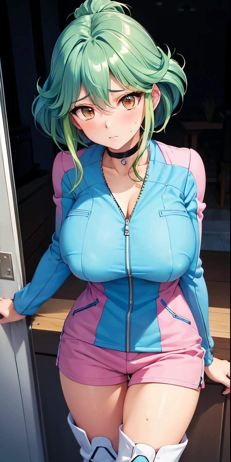 1 Female,High definition,high resolution,Ultra-realistic,8K, rin_arc_v,blue jacket, long sleeves, black choker, pink shorts, white thigh boots,European,sexy,Upper body close-up,Photographed from the front,Dynamic Angles,blush, huge tits,large ,nipples, cleavage , sad, facial, sweat, grabbing her tits, multicolored hair