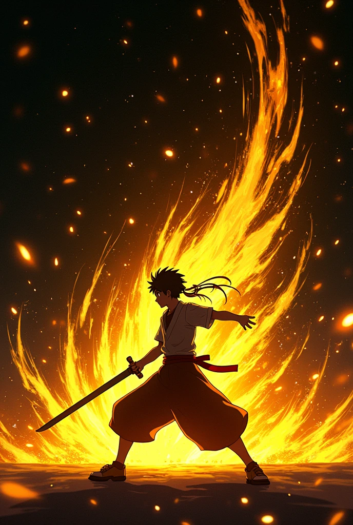 ((Best Quality)), ((masterpiece)), ((detailed)), ((High Definition)), an aura of sword slashes in anime style, all the golden color, with the black silhouette of a simple person in the center, dynamic movement, fighting pose, fast straight cut. With a black background.