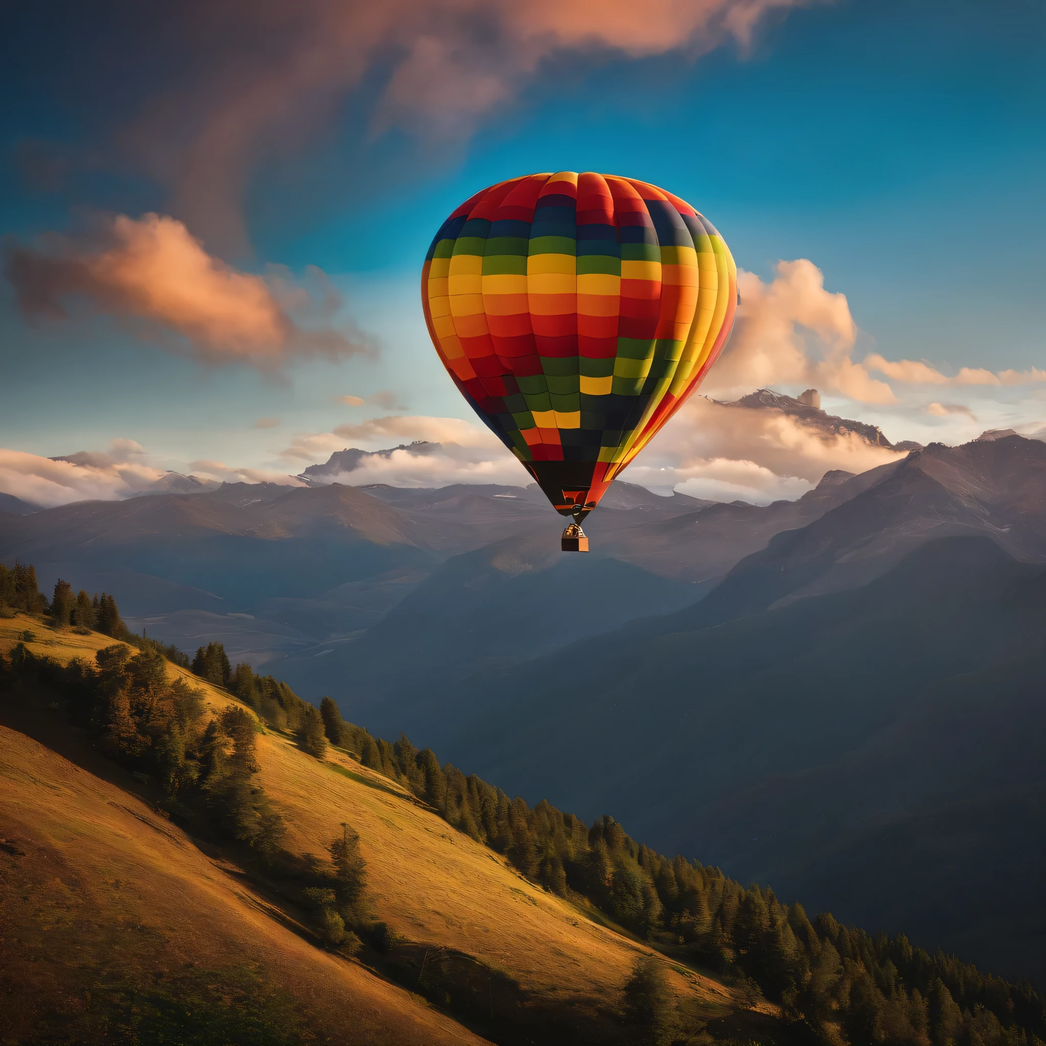 A hot air balloon in rainbow colors floating over mountains