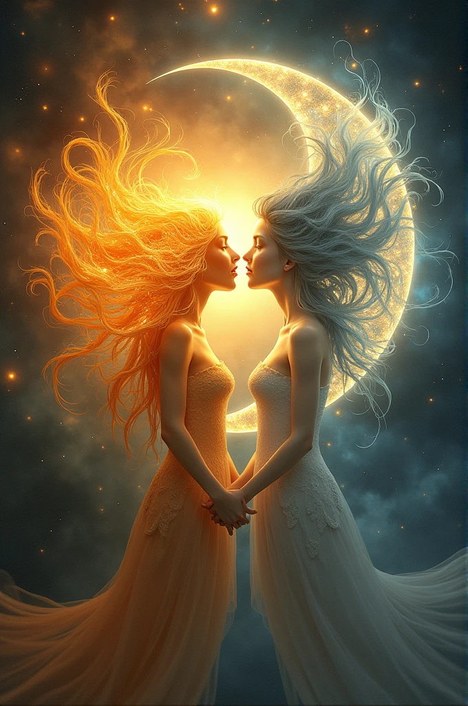 Create a image sun and moon lips to lips kiss