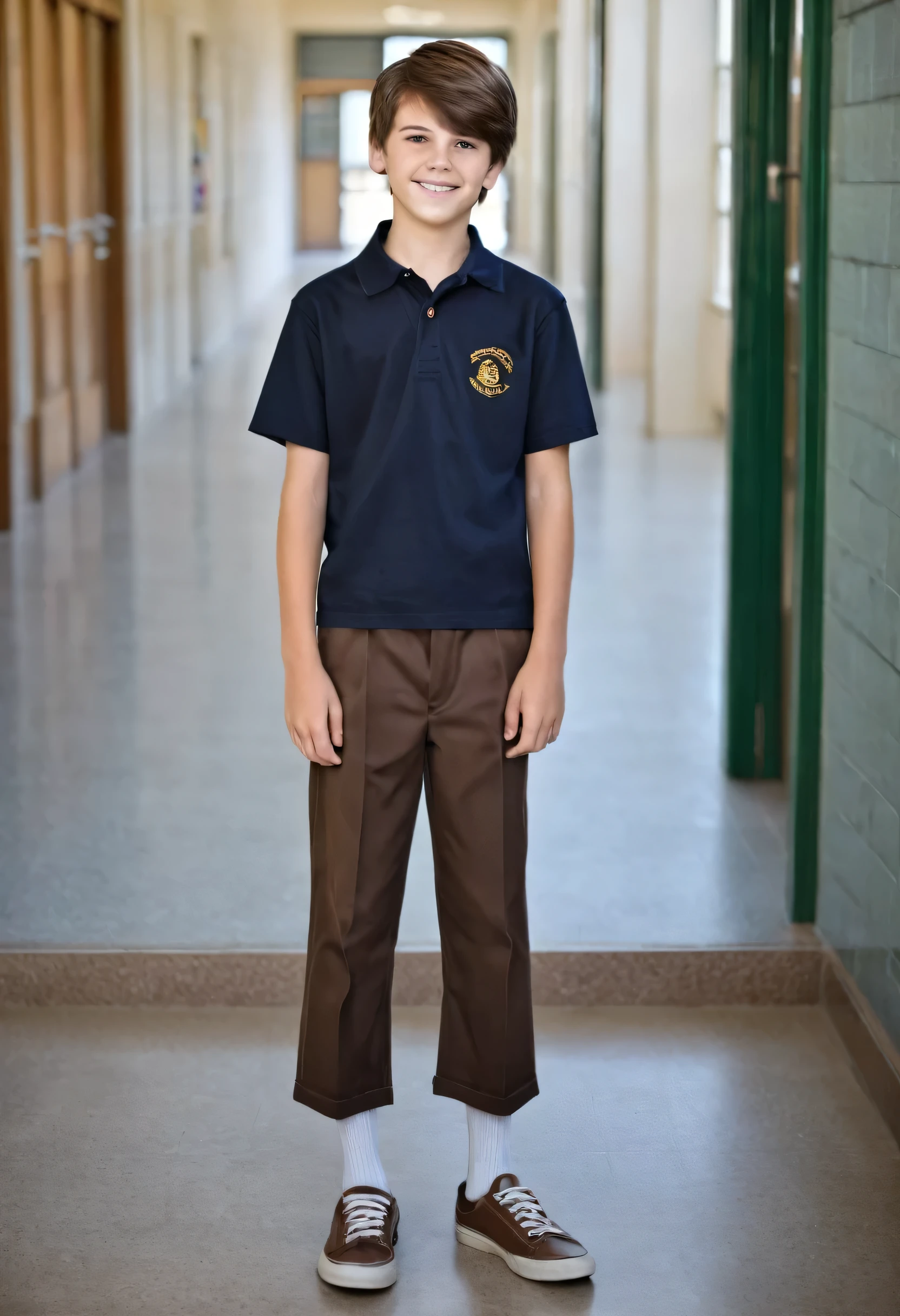 Boy short brown hair 15 years full body in the school