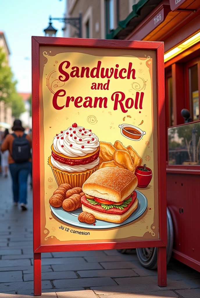 A poster for a sandwich and cream roll stand