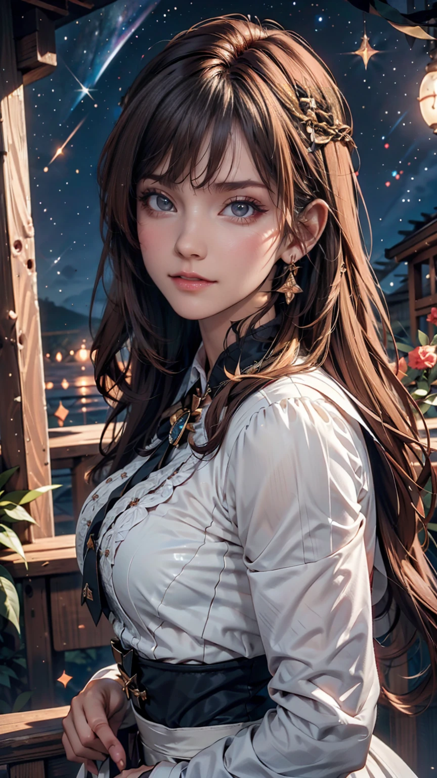 masterpiece, Highest quality, masterpiece, God-like quality, Godly art, Highly detailed face, whole body, Very realistic, cute, young, Big eyes, Long eyelashes, Multicolored Hair, Variegated eyes, Glowing Skin, Fuller lips, Big Lips, Glowing Skin, blush, Nice views, In space, Starry sky background, performer, Dazzling Light, Versatile light, Maid clothes