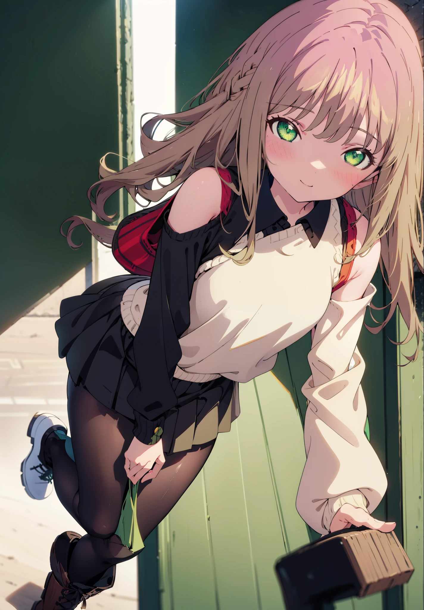 minami yume ,sss Dynazenon ,Long, thick braids, Brown Hair, smile,blush,(Green Eyes:1.5) ,Mid-chest,hair band,One-shoulder sweater,long skirt,Black Pantyhose,short boots,walk,Daytime,sunny,whole bodyがイラストに入るように,
break looking at viewer, whole body,
break outdoors, construction area,
break (masterpiece:1.2), Highest quality, High resolution, unity 8k wallpaper, (shape:0.8), (Beautiful and beautiful eyes:1.6), Highly detailed face, Perfect lighting, Highly detailed CG, (Perfect hands, Perfect Anatomy),