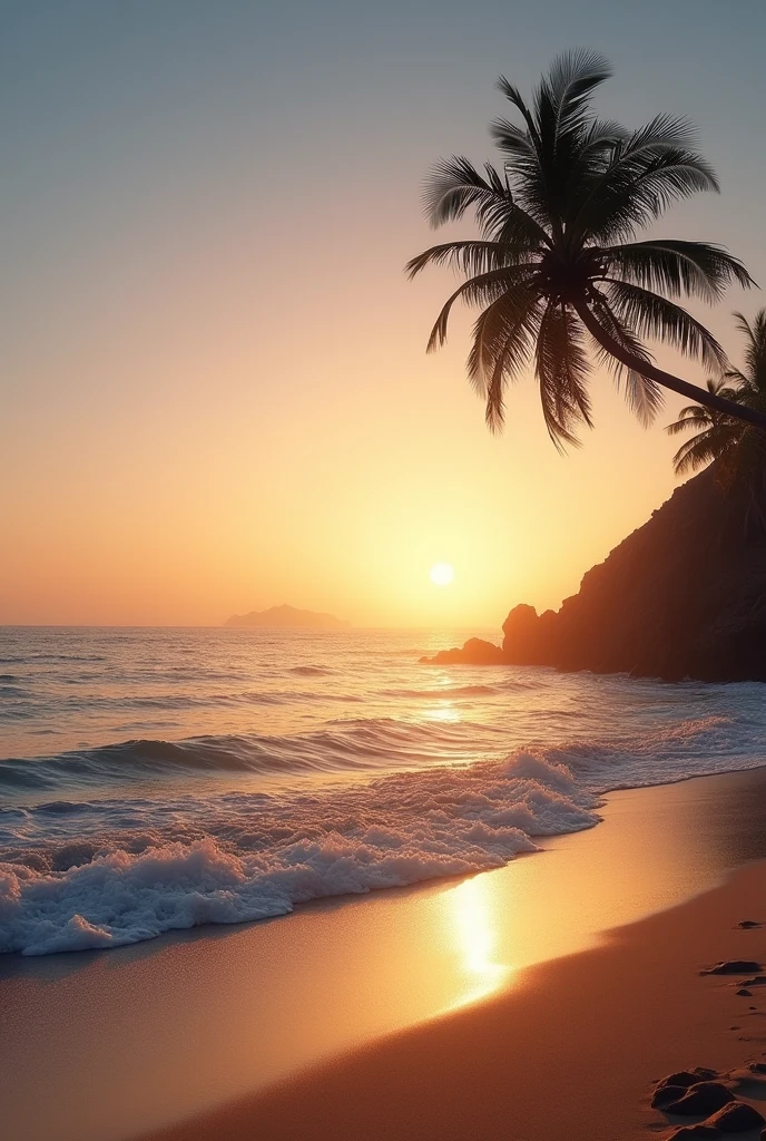 “A serene beach at sunrise with gentle waves, soft golden light, and a lone palm tree bending towards the ocean.”