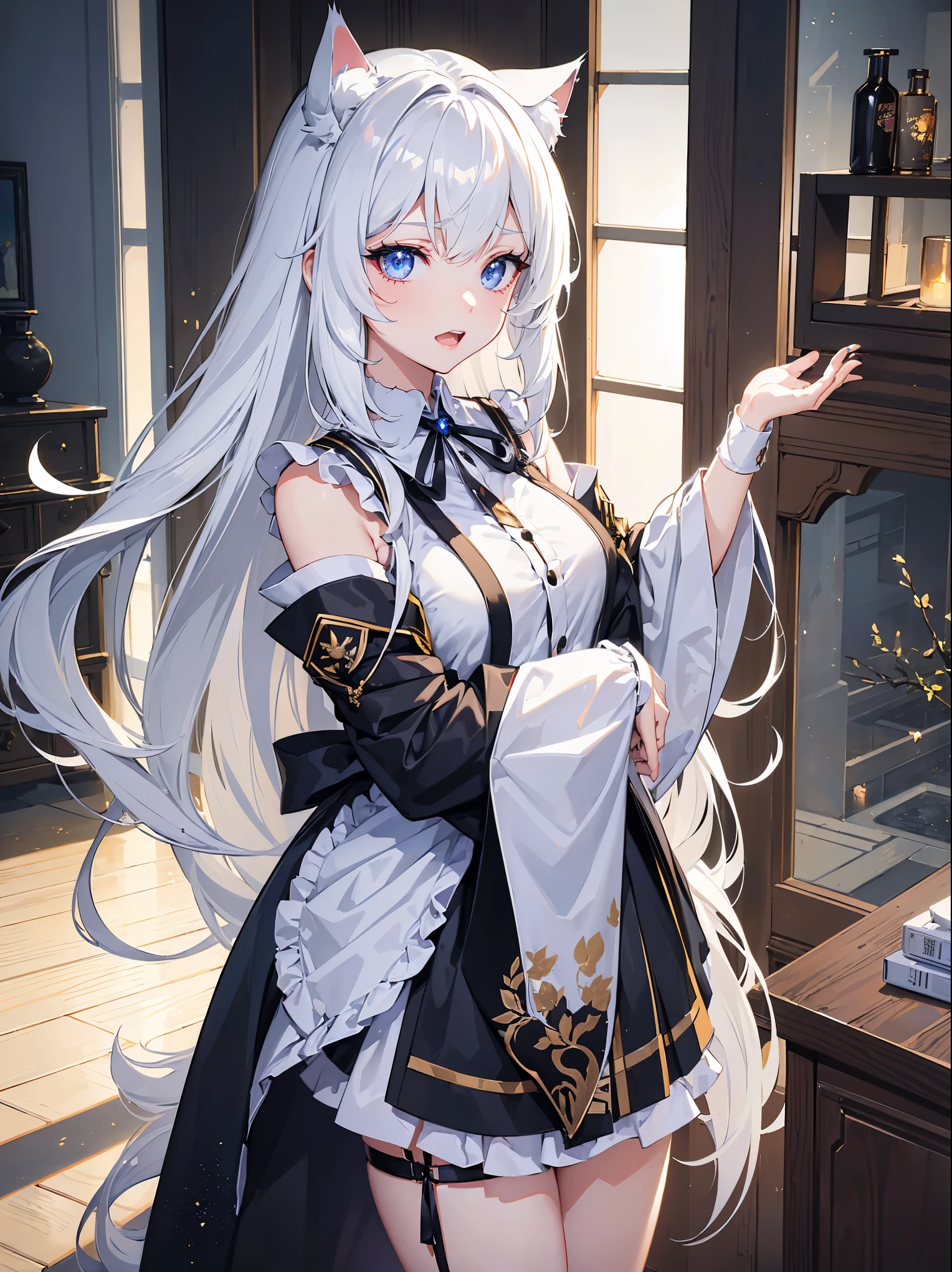 (masterpiece)), (best quality), expressive eyes, ((perfect face)), highly detailed, heart, (highly detailed eyes), (highly detailed face), ((4K)), ((8K UHD)), (((ultra-high texture quality))),( ultra-high pixel texture), (hyperdetailed), (Soft Graphic, Soft texture, soft quality photo)), (((HDR))), ((Japanese text)), (shiny skin), perfect hands, perfect eyes, perfect skin, (((ultra-delicate face))), ((delicate eyes)), double eyelids, beautiful and delicate photo, detailed background,
BREAK
anime girl with long white hair, cat ears, in a room, studying, near balcony, Japanese House, best anime 4k konachan wallpaper, girls frontline style, school girl, girls frontline cg, from girls frontline, anime girl with cat ears, , girl with white hair(1 cat girl),((adorable)), (cute cat fang), (fangs), (cute), (Thick black eyeliner), (multicolor hair), (glowing hair), (student), (white hair), (light white eyes), (electric eyes), (20 years old), pale skin, model, delicate eyelashes, (big adorable eyes)