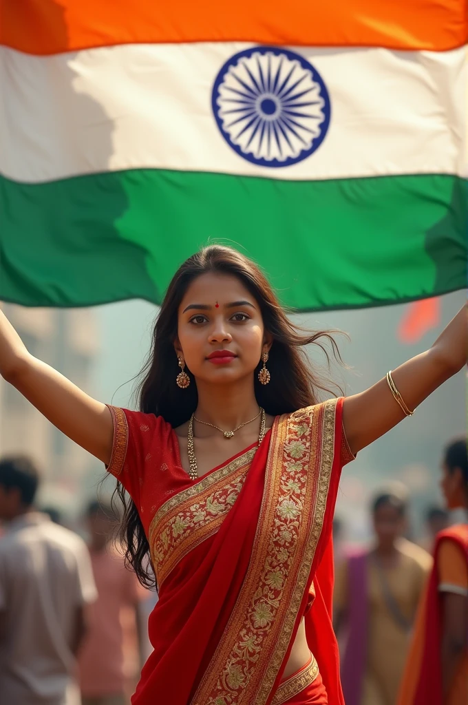 a Indian girl holding a flag