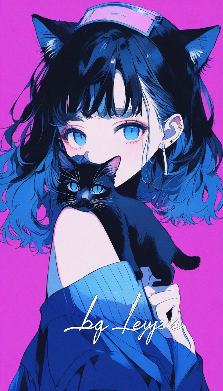 ((masterpiece,Highest quality)), 8k, anime , Realistic ,sketch, anime風のポートレート, (((黒猫を連れたanimeの女性))), 20-year-old, Blue gradient background, Off-the-shoulder knit, Neon medium length hair, lip, Big eyes, Wear headphones, Texture Trim, Canadian, Upper Body, (masterpiece,Highest quality)