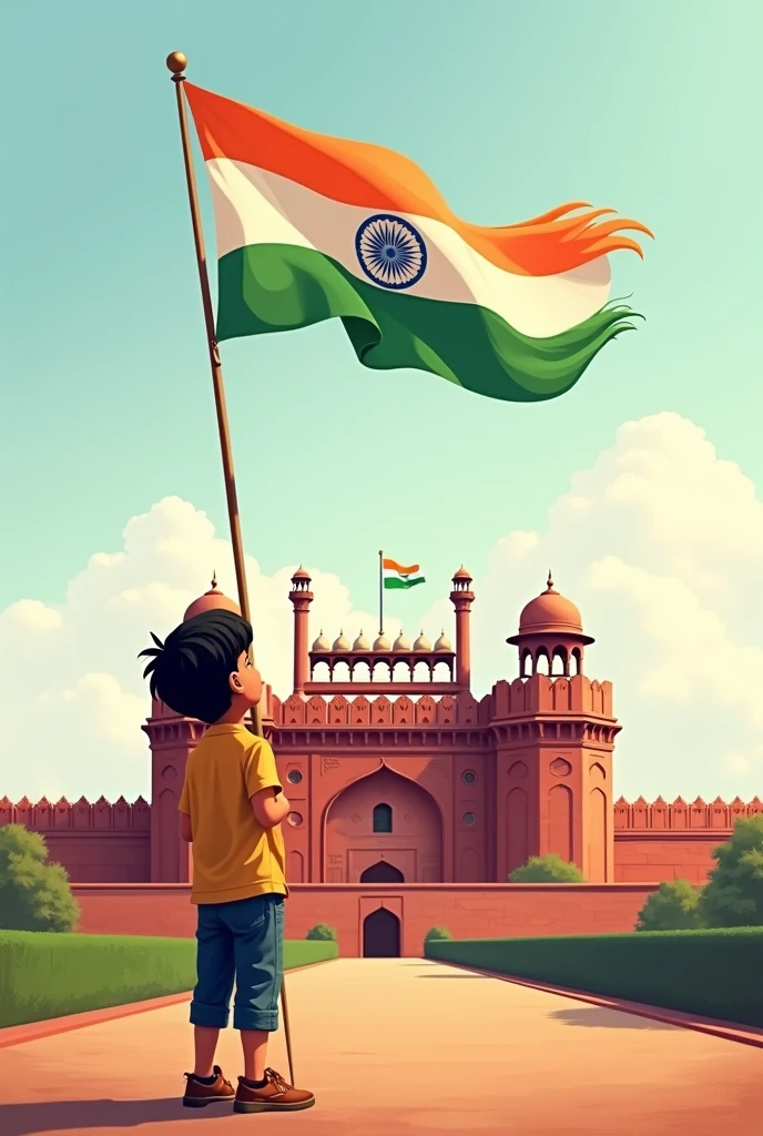 An Indian flag image with red fort hosting flag  a boy named Gopal jee