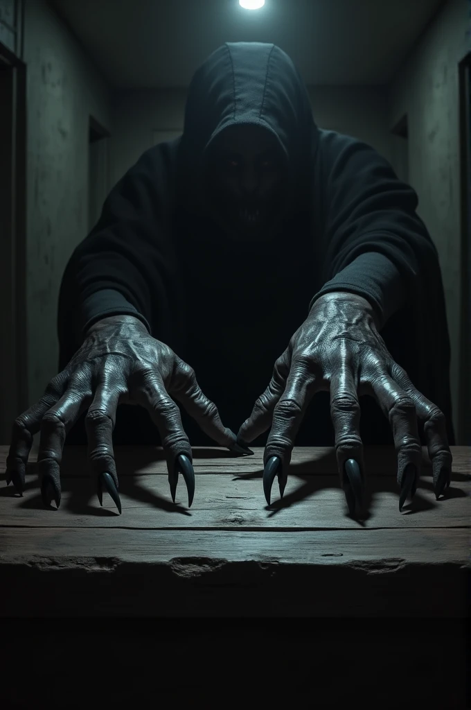 Demon's hands on a table in a dark hallway