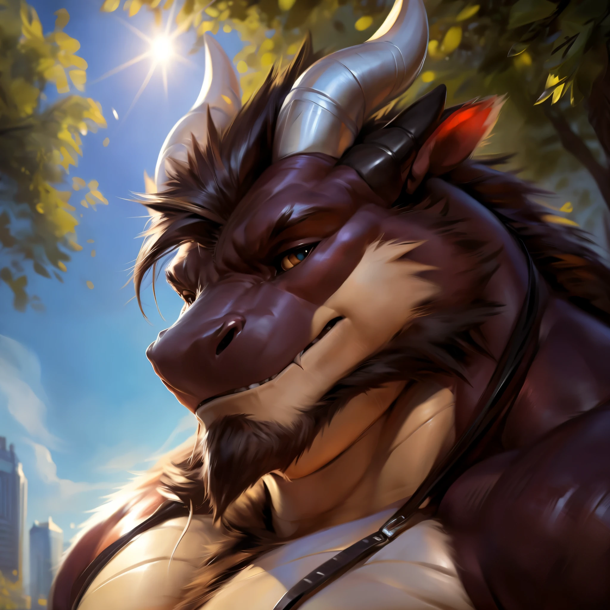 Dragon, Male, Solo, Avoiding eye contact with viewer, handsome face, hair, horn, detailed eyes, detailed face, Park background, Multi-colored body, correct face, Middle-aged, Sexy, Beefcake, Daddy, (Realistic Shadows, Depth of Field, Wide Field of View, Lens Flare, Head Shot), (by Darkgem, by Chunie, by null-ghost),