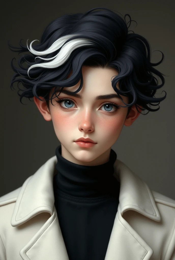 European Italian 
18 year old boy with pale white skin, blue eyes, black hair with a lock of white hair, serene and calm look, wearing a white jacket with a black shirt
