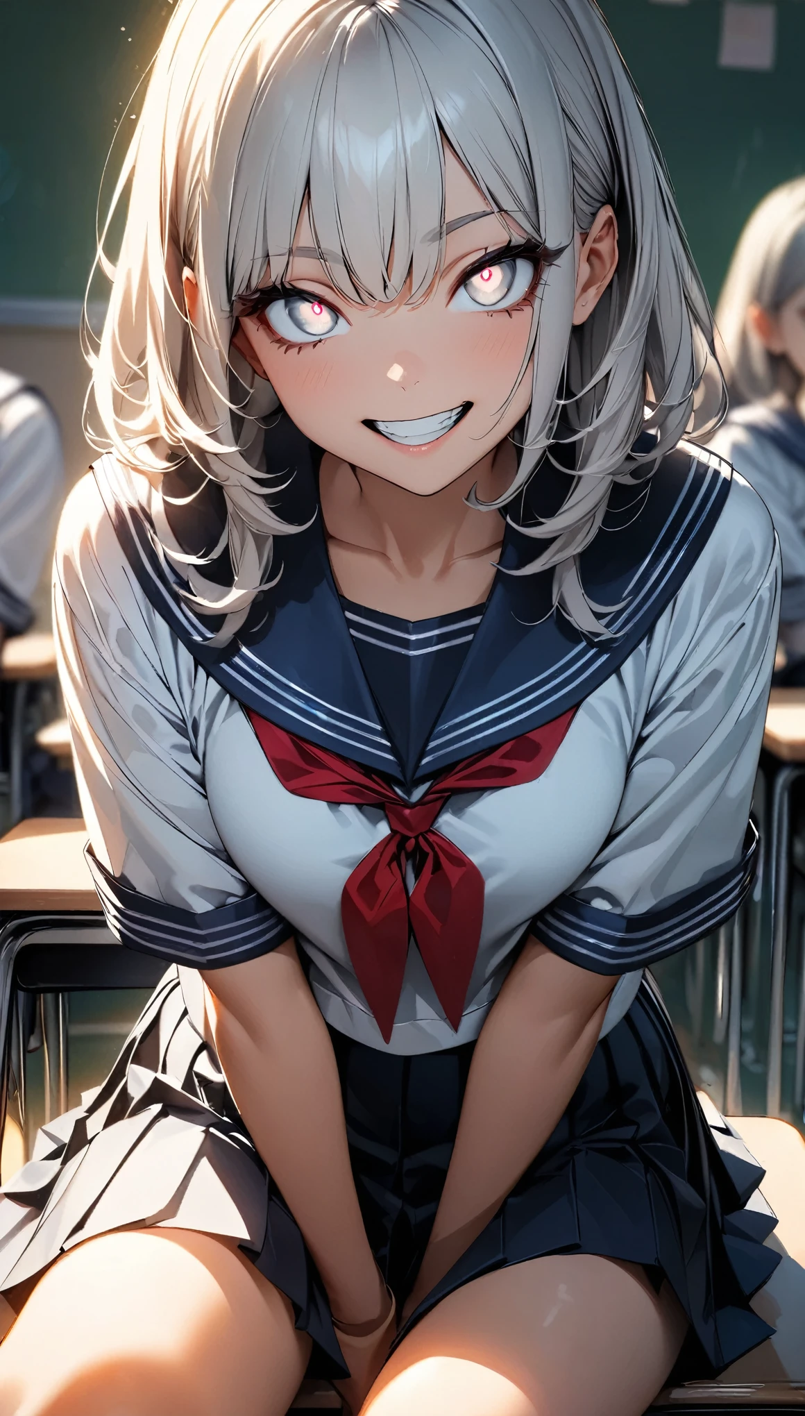 (Highest quality:1.2, Very detailed, up to date, Vibrant, Ultra-high resolution, High Contrast, masterpiece:1.2, Highest quality, Best aesthetics), (((1 person))), Girl with silver hair, pale golden eyes, crazy smile, Sailor suit, Pleated skirt, Hands behind the body, please sit down, Strike a Pose, photo shoot, School classroom, Sharp focus, Gazing Eyes, Beautiful Skin, Glowing Skin, Perfect Fingers, Five Fingers, Anatomically correct, Background Blur.