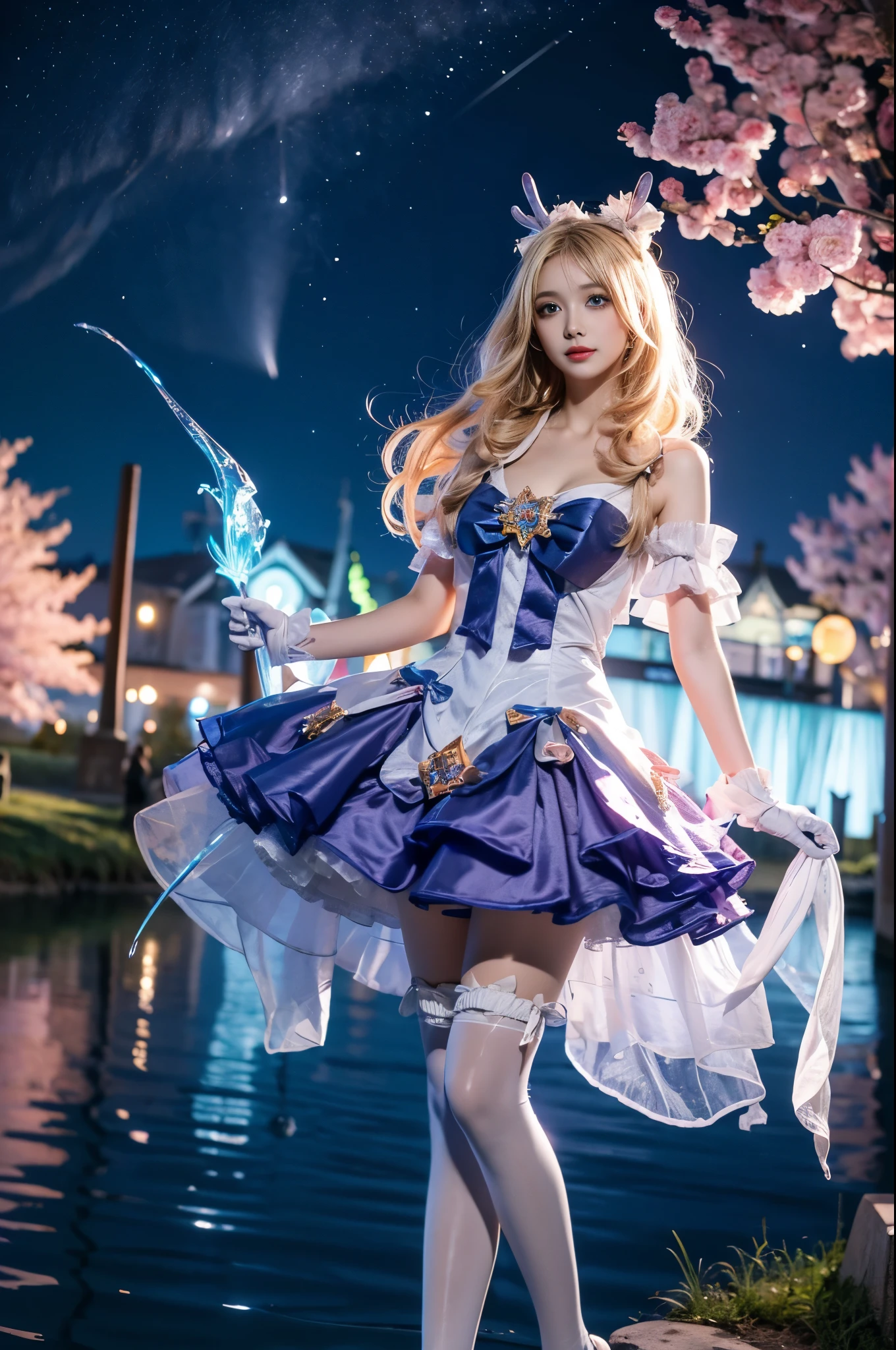 bionde_hair,white_gloves,dress,Blue_eyes,thighhighs, Beautiful dance dynamics, Long legs , ((Flowing long hair))Official Art , Unity8k Wallpaper , pond, Extremely detailed , Visible cleavage, Pretty and beautiful , 性感Long legs, masterpiece , best quality ,Practical, Very detailed illustrations ,Extremely detailed , Intricate details , Extremely complex and detailed , Very detailed 8KCG wallpaper , Caustics .reflection , Ray Tracing , Devil theme ,nebula ,Dark aura, Network Effects , (1 girl)solitary , (Blue plasma flame , Pastel tones in Rococo style ,Light white and light dark red , Incredibly beautiful , Cherry blossoms , Surrealism ,painting , Ethereal , Mixing reality and fantasy elements ,Ray Tracing , Complex Mode , Exquisite lines , Perfect your hands, Starry Sky , Colorful , Star