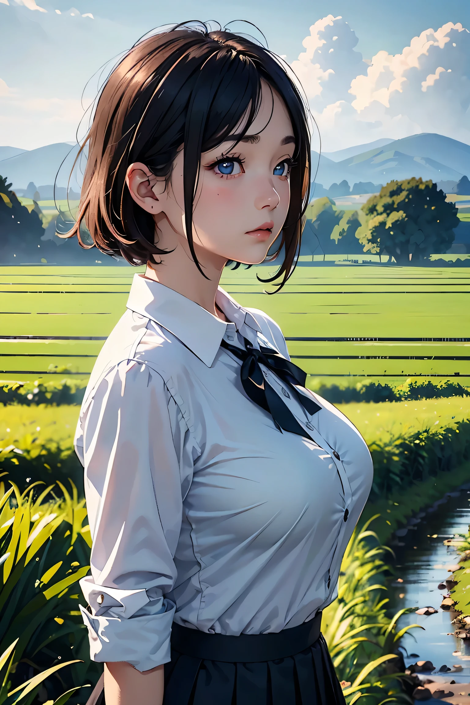 (masterpiece:1.2, Highest quality), (Realistic photos), Beautiful illustrations, (Natural side lighting, Cinema lighting),(1 person), Japanese, 20-year-old female, Perfect Face, Symmetrical cute face, Glowing Skin,Blonde Short Hair、Dark blue eyes, (Huge breasts:1.2), Slender build、Beautiful Hair, Beautiful Face, Fine and beautiful eyes, Beautiful body, Beautiful breasts,(White collared shirt、Small black ribbon、Pleated skirt)、Sad expression、Blushing、stand、profile、Country Road、Paddy field、blue sky、White cloud、Summer landscape、whole body