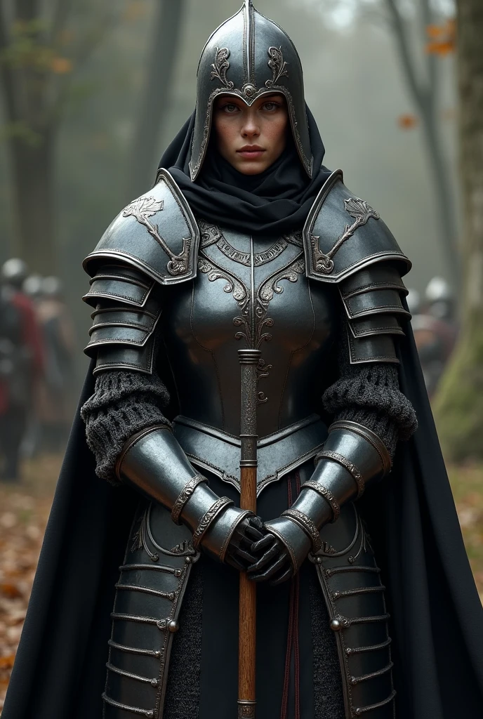 An adult woman with honey-colored eyes, fair skin and a full black medieval armor with a mask-like helmet on while holding a lance