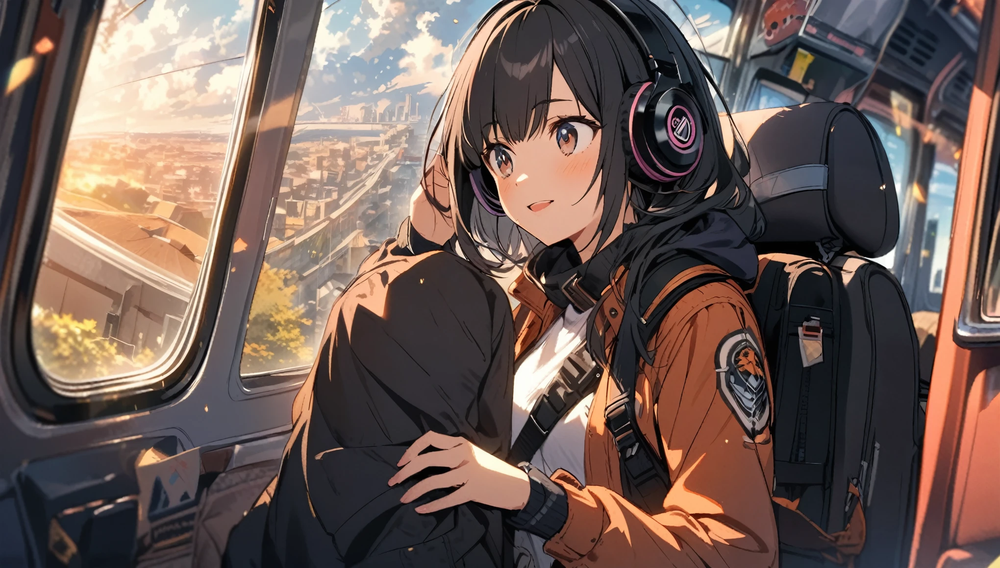 A short-haired woman wearing headphones,trip,one person's,relax,The background is dusk